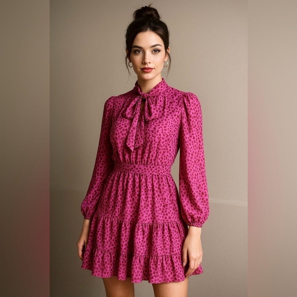 Entro Pink Leopard Tie Neck Mini Dress NWOT Small - Picture 1 of 8